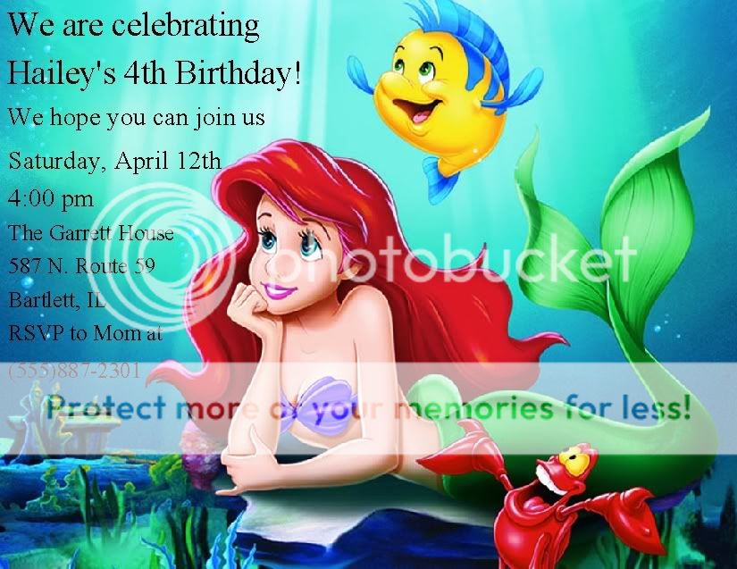 Set of 2 Dreaming Princess Ariel Birthday Invitations  